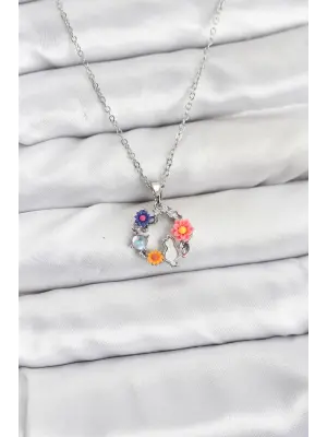 316L Çelik Zincir Gümüş Renk Çiçekli Kedili Model Kadın Kolye