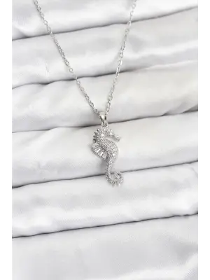 316L Çelik Zincir Gümüş Renk Deniz Atı Model Zirkon Taşlı Kadın Kolye