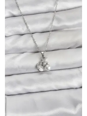 316L Çelik Zincir Gümüş Renk Deniz Kabuğu ve Deniz Yıldızı Model Zirkon Taşlı Kadın Kolye