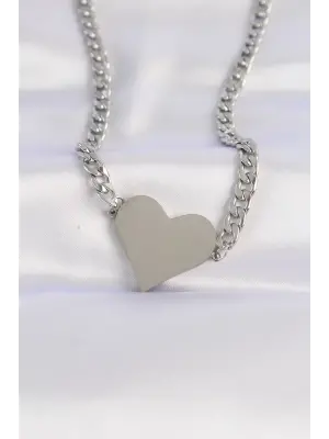  Zincir Gümüş  Düz Plaka Kalp Çelik Kolye