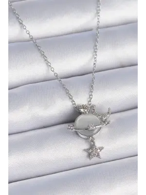  Zincir Gümüş  Gezegen Model Zirkon Taşlı Ay Yıldız Detay  Çelik Kolye