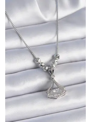  Zincir Gümüş  Gingko Yaprağı Model Zirkon Taş Detay  Çelik Kolye