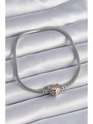316L Çelik Zincir Gümüş Renk Gold Renk Kalp Figür Charm Model Kadın Bileklik