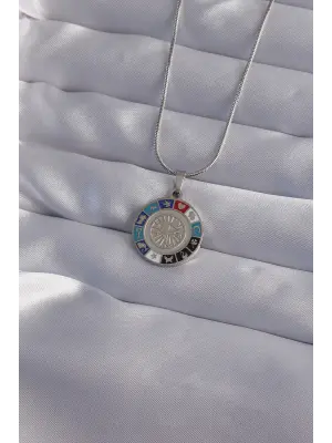  Zincir Gümüş  Göz Temalı Madalyon Şans Çelik Kolye