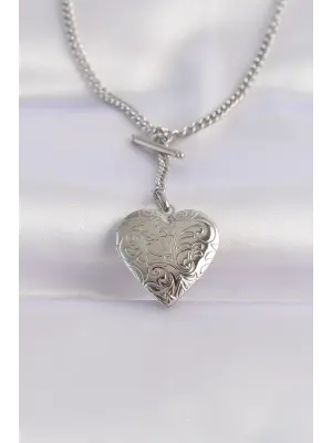  Zincir Gümüş  İçi Açılan Çiçek Desenli Kalp Çelik Kolye