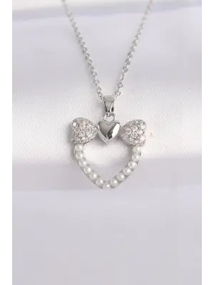  Zincir Gümüş  İnci Taş Detay Zirkon Taşlı Kalp Çelik Kolye