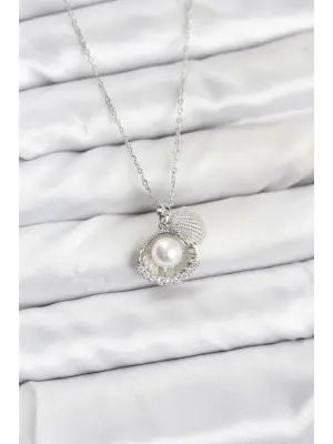 316L Çelik Zincir Gümüş Renk İncili Deniz Kabuğu Model Zirkon Taşlı Kadın Kolye