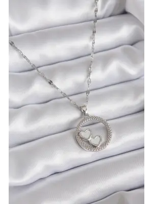  Zincir Gümüş  İşleme Detay Halka Kalp Model  Çelik Kolye