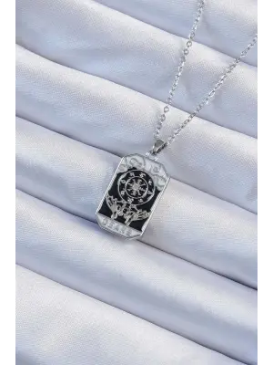  Zincir Gümüş  İşlemeli Siyah Mineli Tarot Çelik Kolye