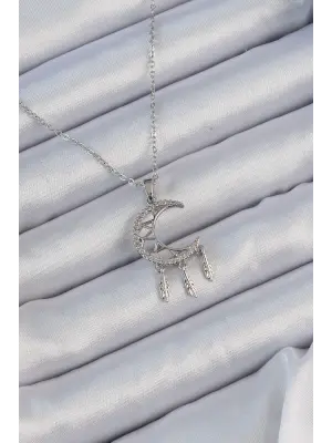  Zincir Gümüş  İşlemeli Zirkon Taşlı Ay Çelik Kolye