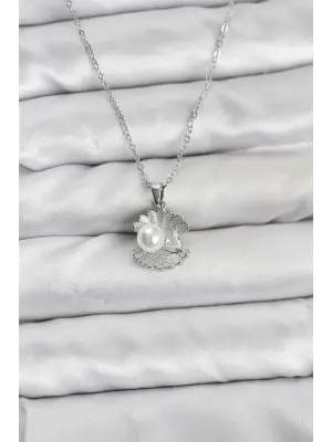 316L Çelik Zincir Gümüş Renk İstiridye İnci Model Zirkon Taşlı Kadın Kolye