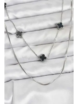316L Çelik Zincir Gümüş Renk İtalyan Zincirli Siyah Yonca Model Kadın Kolye