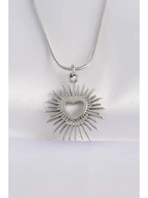  Zincir Gümüş  Kalp Güneşi Tasarımlı Çelik Kolye