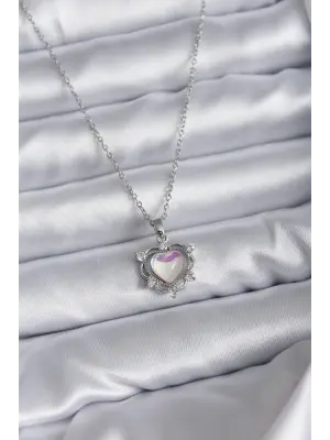  Zincir Gümüş  Kalp Model  Çelik Kolye