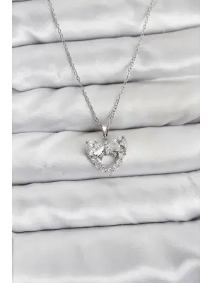 316L Çelik Zincir Gümüş Renk Kalp ve Fiyonk Model Zirkon Taşlı Kadın Kolye