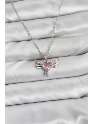 316L Çelik Zincir Gümüş Renk Kanatlı Kalp Model Zirkon Taşlı Kadın Kolye