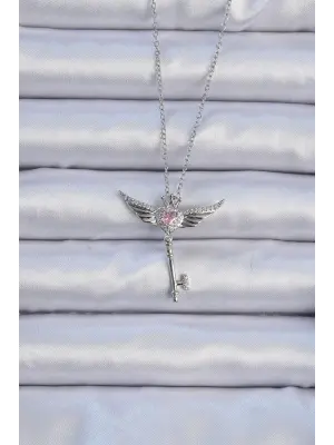  Zincir Gümüş  Kanatlı Pembe Zirkon Taşlı Anahtar Kalp Çelik Kolye
