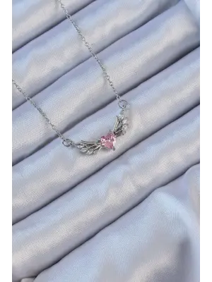  Zincir Gümüş  Kanatlı Pembe Zirkon Taşlı Kalp Çelik Kolye