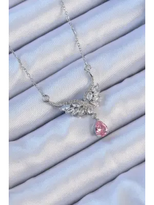  Zincir Gümüş  Kanatlı Zirkon Taş Figür Pembe Taşlı Damla Çelik Kolye