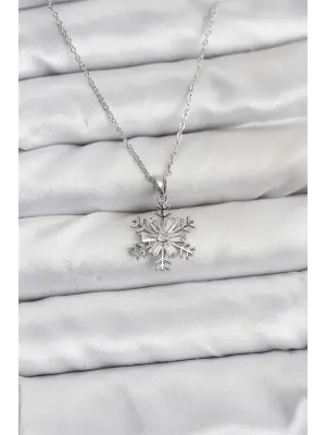 316L Çelik Zincir Gümüş Renk Kar Tanesi Model Zirkon Taşlı Kadın Kolye
