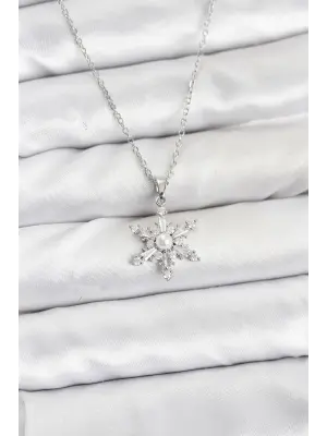 316L Çelik Zincir Gümüş Renk Kar Tanesi Model Zirkon Taşlı Kadın Kolye
