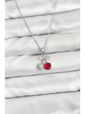 316L Çelik Zincir Gümüş Renk Kiraz Model Zirkon Taşlı Kadın Kolye