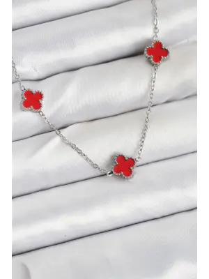 316L Çelik Zincir Gümüş Renk Kırmızı Baby Boy Yonca Kadın Kolye