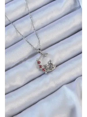  Zincir Gümüş  Kırmızı Gül Detay Kedi Figür Zirkon Taşlı Ay Çelik Kolye