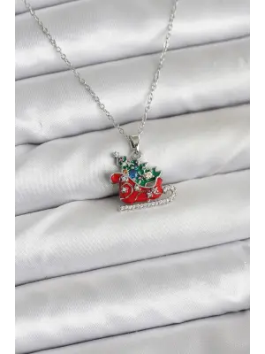 316L Çelik Zincir Gümüş Renk Kızak ve Çam Ağacı Figürlü Yılbaşı Temalı Kadın Kolye