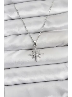 316L Çelik Zincir Gümüş Renk Kutup Yıldızı Model Zirkon Taşlı Kadın Kolye