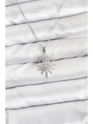 316L Çelik Zincir Gümüş Renk Kutup Yıldızı Model Zirkon Taşlı Kadın Kolye