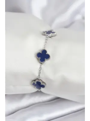 316L Çelik Zincir Gümüş Renk Lacivert Yonca Kadın Bileklik