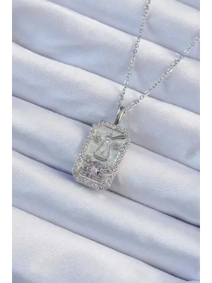  Zincir Gümüş  Lila Zirkon Taşlı Tarot Çelik Kolye