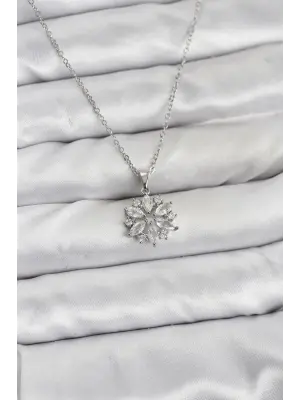 316L Çelik Zincir Gümüş Renk Lotus Model Zirkon Taşlı Kadın Kolye