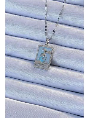  Zincir Gümüş  Mavi Mineli Tarot Çelik Kolye