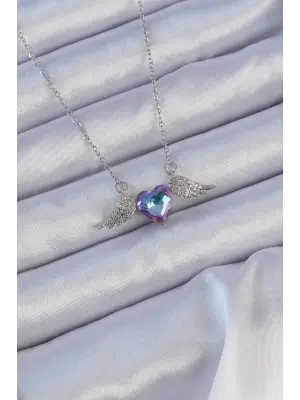  Zincir Gümüş  Mavi Mor Zirkon Taşlı Kanatlı Kalp Çelik Kolye