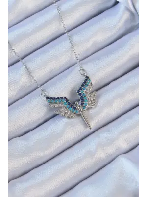  Zincir Gümüş  Mavi Zirkon Taşlı Mikail Meleği Çelik Kolye