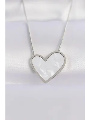  Zincir Gümüş  Mermer Desenli Kalp Çelik Kolye