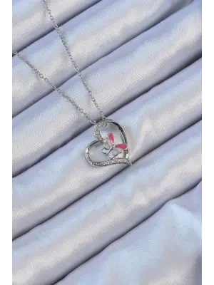  Zincir Gümüş  Mineli Kelebek Figür Zirkon Taşlı Kalp Çelik Kolye