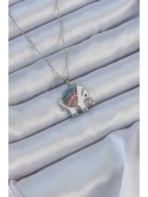 Zincir Gümüş  Mineli li Zirkon Taşlı Fil Çelik Kolye