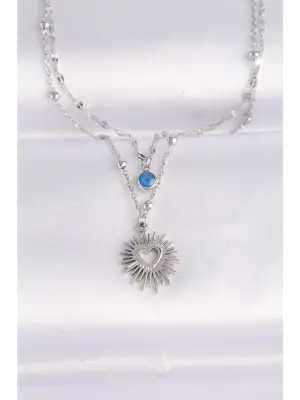  Zincir Gümüş  Nazar Boncuk Detay Kalp Güneşi Çelik Kolye