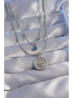  Zincir Gümüş  Nazar Boncuklu İtalyan Zincirli 2li Pusula Çelik Kolye