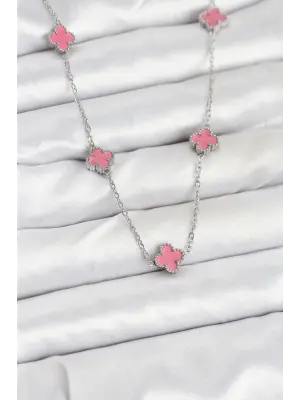 316L Çelik Zincir Gümüş Renk Pembe Baby Boy Yonca Kadın Kolye