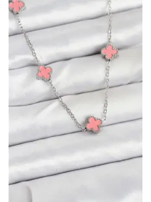 316L Çelik Zincir Gümüş Renk Pembe Baby Boy Yonca Kadın Kolye