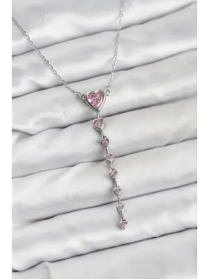 316L Çelik Zincir Gümüş Renk Pembe Kalp Kadın Kolye
