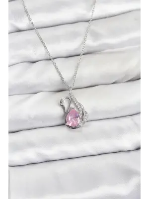 316L Çelik Zincir Gümüş Renk Pembe Kuğu Model Zirkon Taşlı Kadın Kolye