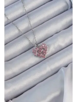  Zincir Gümüş  Pembe Parçalı Zirkon Taşlı Kalp Çelik Kolye