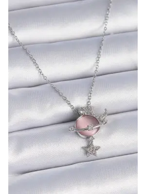  Zincir Gümüş  Pembe Sedefli Gezegen Model Zirkon Taşlı Ay Yıldız Model  Çelik Kolye