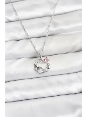 316L Çelik Zincir Gümüş Renk Pembe Taş Detaylı Çelenk Model Kadın Kolye