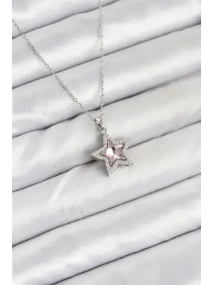 316L Çelik Zincir Gümüş Renk Pembe Taşlı Yıldız Model Kadın Kolye